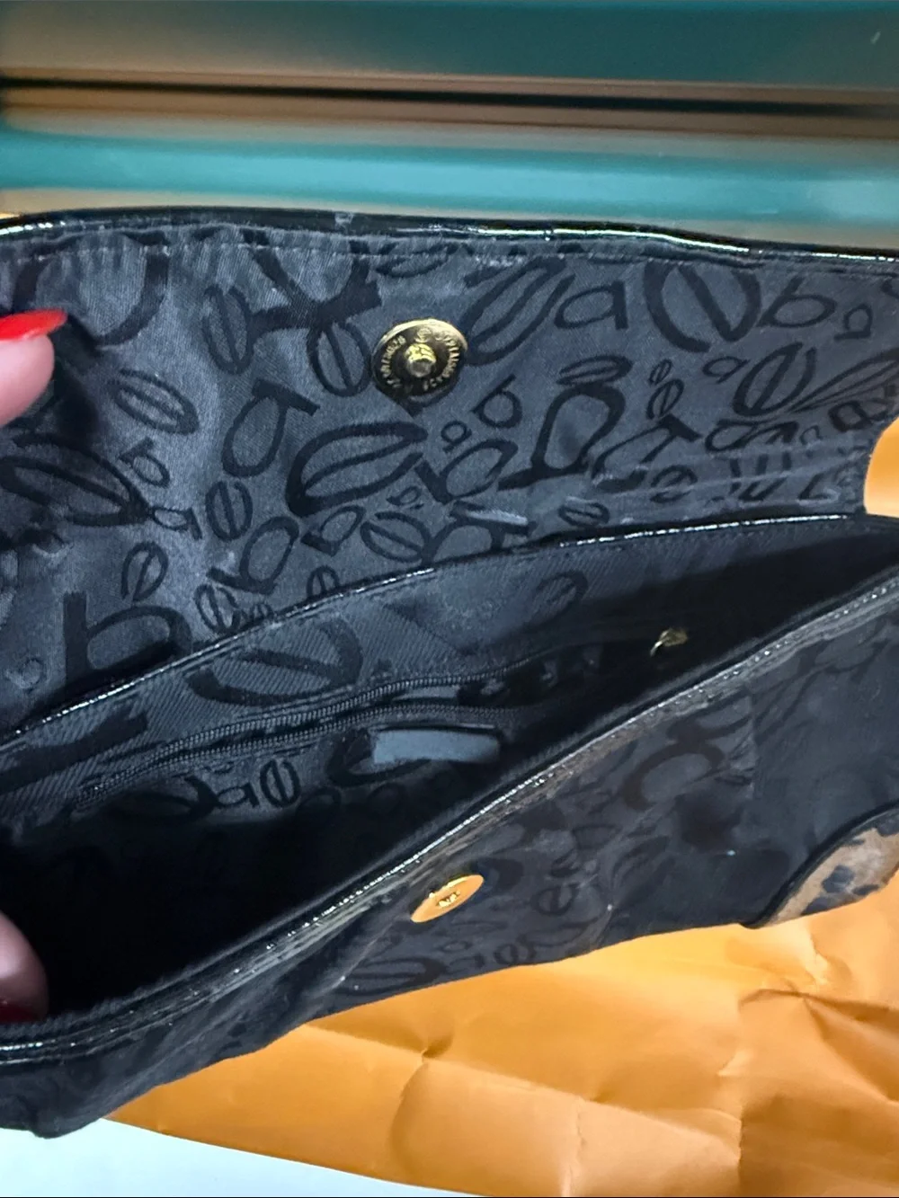 bebe Black Clutch with Leopard Accent
